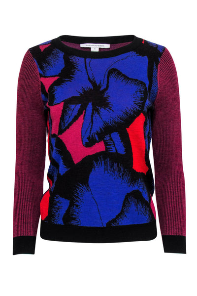 Current Boutique-Diane von Furstenberg - Indigo, Red & Pink Large Floral Print Wool Sweater Sz M