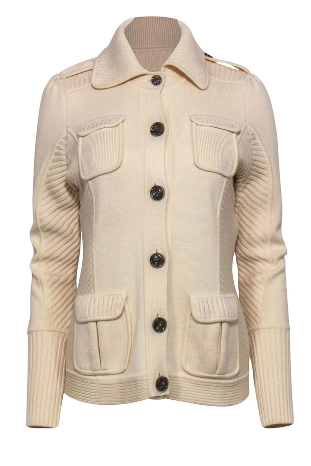 Current Boutique-Diane von Furstenberg - Ivory Button-Up Wool Cardigan w/ Ribbed Trim Sz M