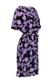 Current Boutique-Diane von Furstenberg - Lavender & Black Silk Floral Wrap Dress w/ Ruffles Details Sz L