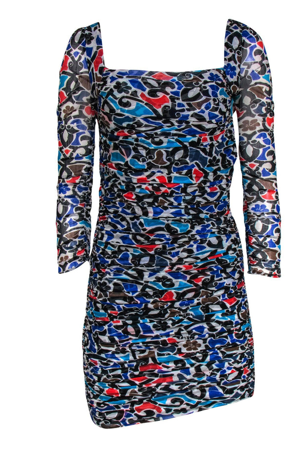 Current Boutique-Diane von Furstenberg - Multicolor Abstract Floral Print Ruched Silk Bodycon Dress Sz 4