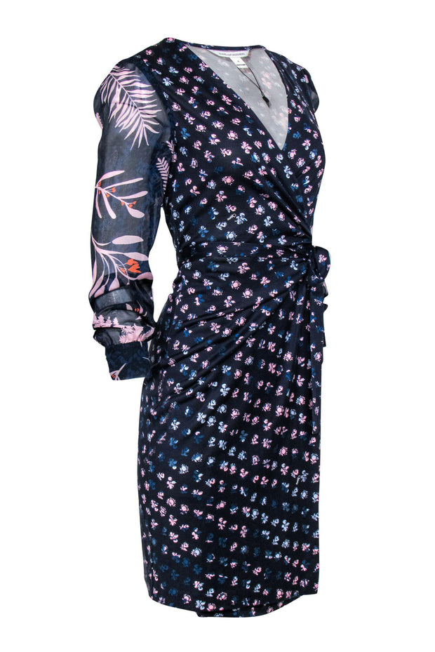 Current Boutique-Diane von Furstenberg - Navy Floral Silk Wrap Dress w/ Sheer Sleeves Sz 6