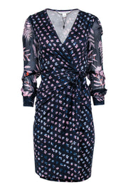 Current Boutique-Diane von Furstenberg - Navy Floral Silk Wrap Dress w/ Sheer Sleeves Sz 6