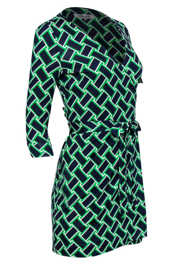 Current Boutique-Diane von Furstenberg - Navy, Green & White Print Quarter Sleeve Silk Wrap Dress Sz 2