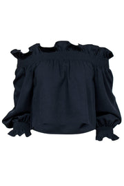 Current Boutique-Diane von Furstenberg - Navy Ruffle Long Sleeve Off-the-Shoulder Blouse Sz P