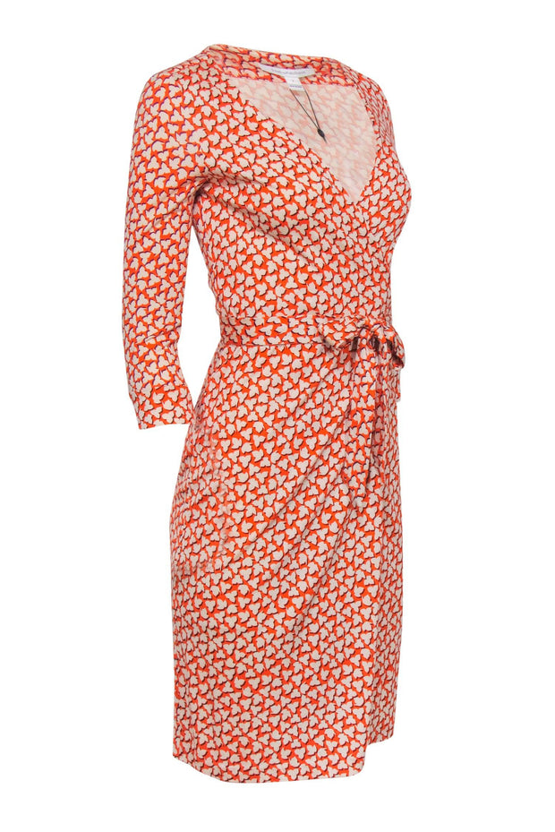 Current Boutique-Diane von Furstenberg - Orange Printed Silk Cropped Sleeve Wrap Dress Sz 2