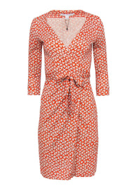 Current Boutique-Diane von Furstenberg - Orange Printed Silk Cropped Sleeve Wrap Dress Sz 2