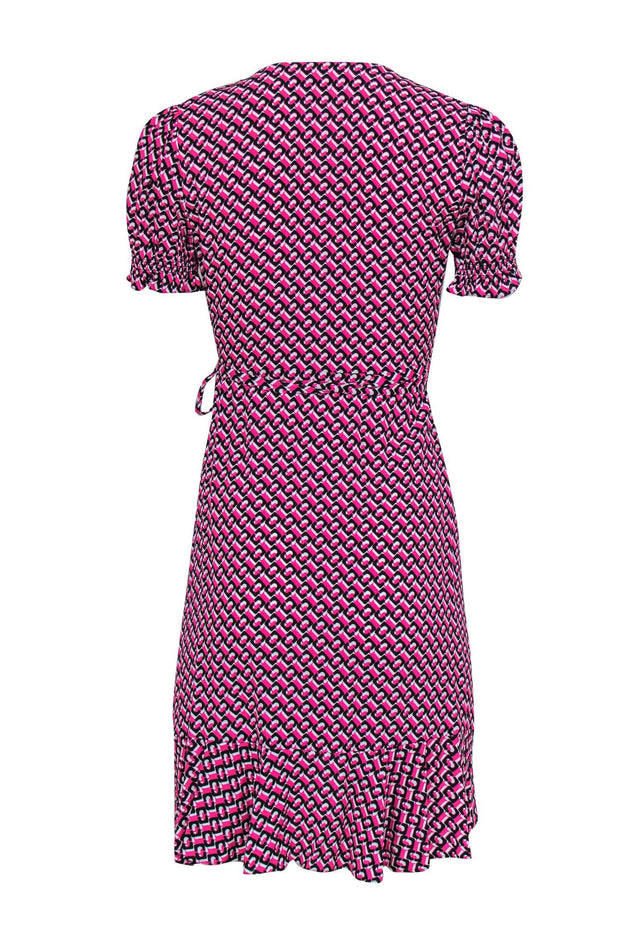 Current Boutique-Diane von Furstenberg - Pink, Black & White Print Short Sleeve Wrap Dress Sz XS