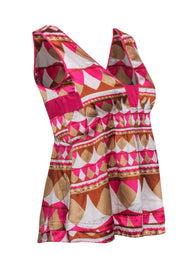 Current Boutique-Diane von Furstenberg - Pink & Tan Abstract Pattern V-Neck Tank Sz 2