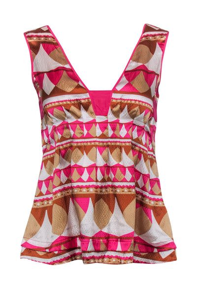 Current Boutique-Diane von Furstenberg - Pink & Tan Abstract Pattern V-Neck Tank Sz 2