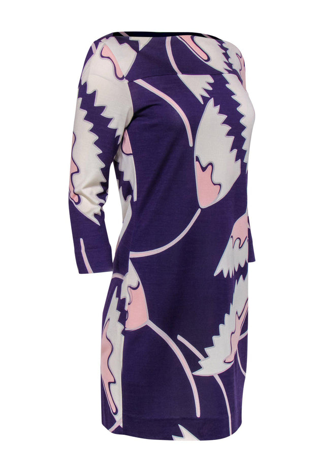 Current Boutique-Diane von Furstenberg - Purple Floral Printed Silk Boat Neck Dress Sz 8