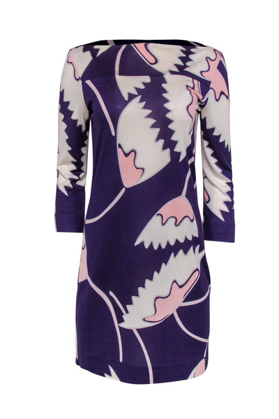 Current Boutique-Diane von Furstenberg - Purple Floral Printed Silk Boat Neck Dress Sz 8