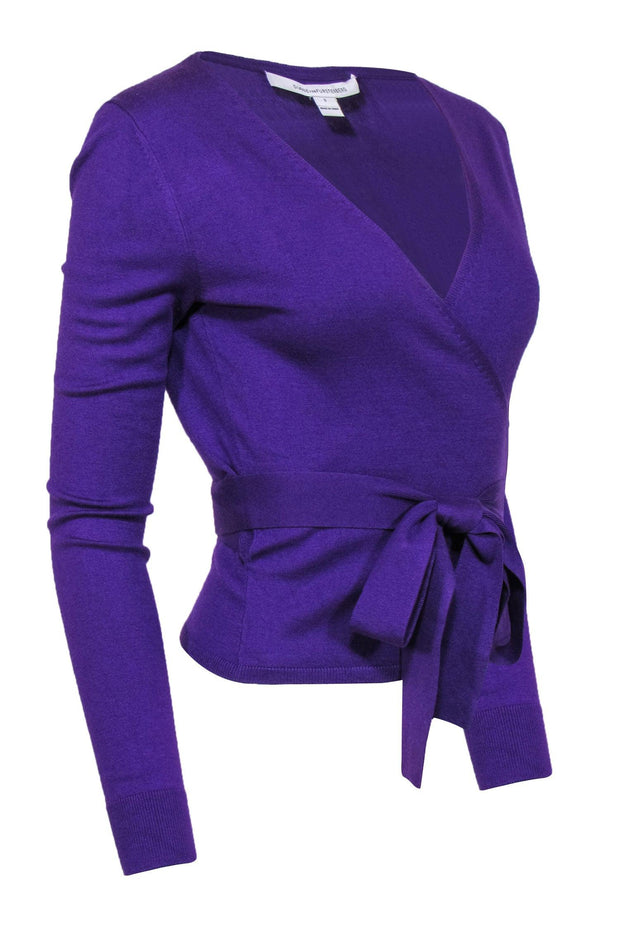 Current Boutique-Diane von Furstenberg - Purple Silk & Cashmere Blend Wrap Cardigan Sz S