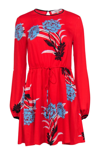 Current Boutique-Diane von Furstenberg - Red & Blue Floral Drawstring Waist Dress Sz 2