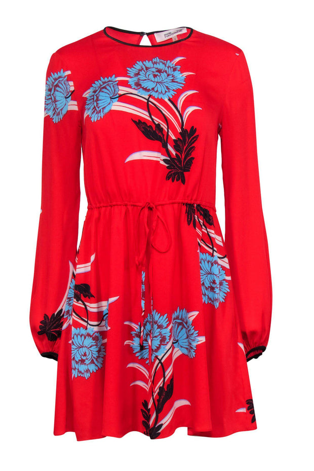 Current Boutique-Diane von Furstenberg - Red & Blue Floral Drawstring Waist Dress Sz 2