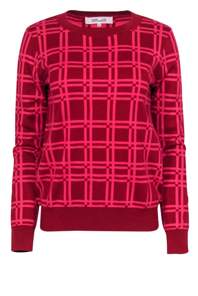 Current Boutique-Diane von Furstenberg - Red & Hot Pink Plaid Sweater Sz S