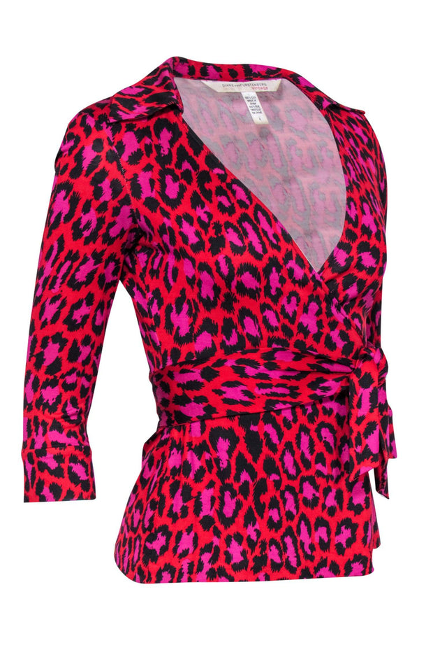 Current Boutique-Diane von Furstenberg - Red, Pink & Black Leopard Print Silk Wrap Blouse Sz 2