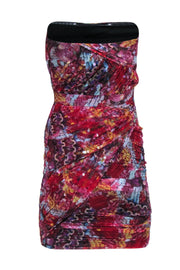 Current Boutique-Diane von Furstenberg - Red Printed Draped Strapless Silk Sheath Dress w/ Sequins Sz 2