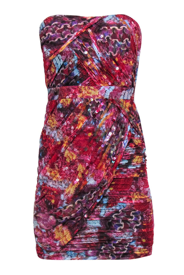 Current Boutique-Diane von Furstenberg - Red Printed Draped Strapless Silk Sheath Dress w/ Sequins Sz 2