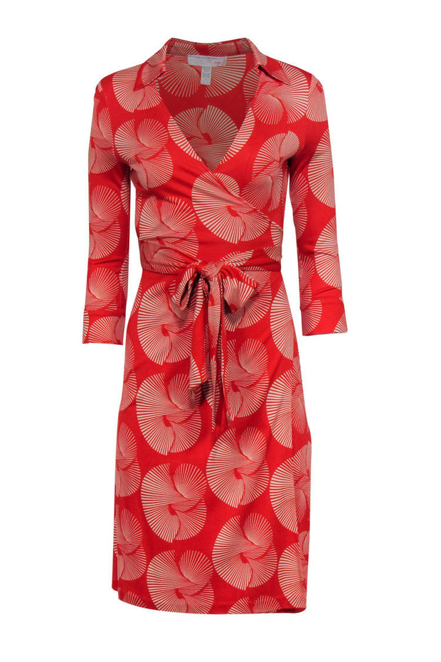 Current Boutique-Diane von Furstenberg - Red & White Swirl Long Sleeve Silk Wrap Dress Sz 4