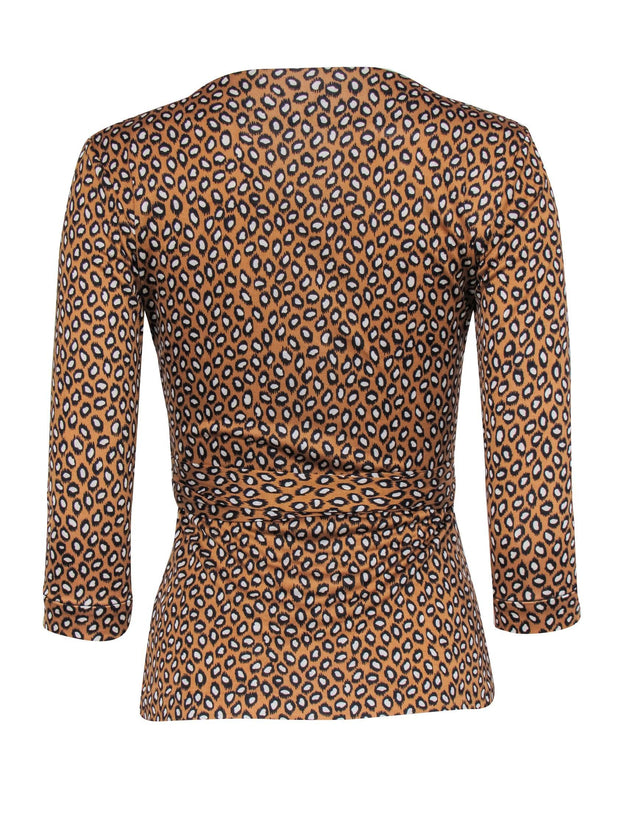 Current Boutique-Diane von Furstenberg- Tan, Black & White Cheetah Print Silk Wrap Top Sz 2