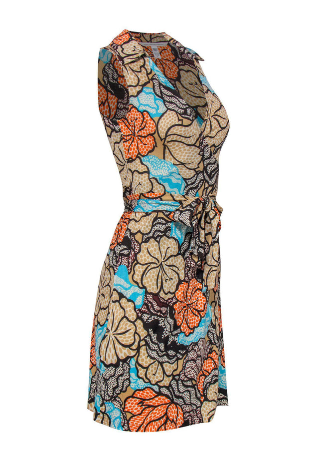 Current Boutique-Diane von Furstenberg - Tan, Orange & Blue Tropical Floral Print Silk Wrap Dress Sz 0