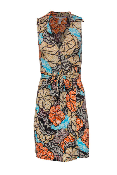 Current Boutique-Diane von Furstenberg - Tan, Orange & Blue Tropical Floral Print Silk Wrap Dress Sz 0