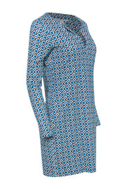 Current Boutique-Diane von Furstenberg - Teal & White Diamond Patterned Notch Neck Dress Sz 6