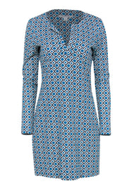 Current Boutique-Diane von Furstenberg - Teal & White Diamond Patterned Notch Neck Dress Sz 6