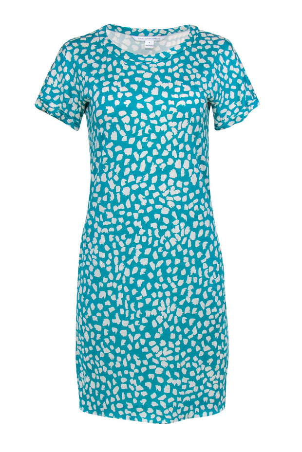 Current Boutique-Diane von Furstenberg - Teal & White Speckled Short Sleeve Silk Shift Dress Sz 8