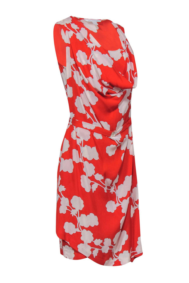 Current Boutique-Diane von Furstenberg - Tomato Red & White Floral Print Cowl Neck Dress Sz 4