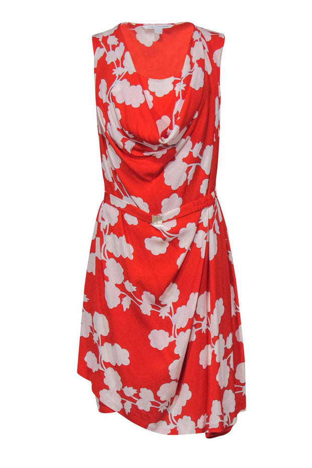 Current Boutique-Diane von Furstenberg - Tomato Red & White Floral Print Cowl Neck Dress Sz 4