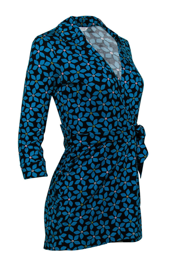 Current Boutique-Diane von Furstenberg - Turquoise & Black Floral Printed Wrap Romper Sz 2