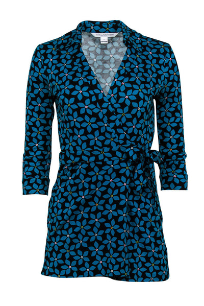 Current Boutique-Diane von Furstenberg - Turquoise & Black Floral Printed Wrap Romper Sz 2