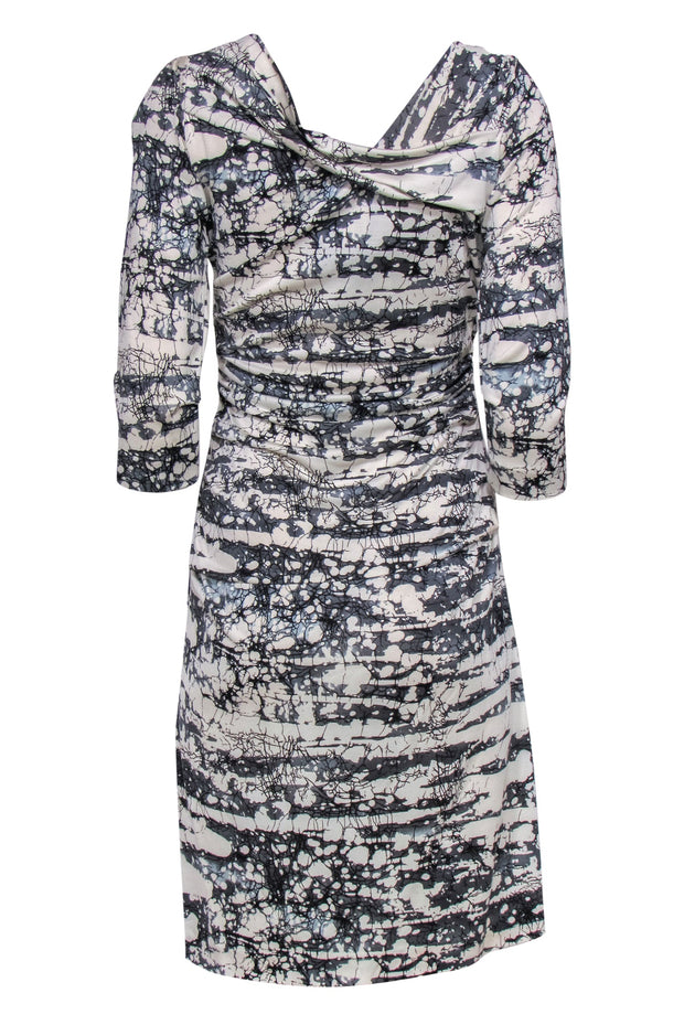 Current Boutique-Diane von Furstenberg - White & Gray Marbled Printed Ruched Dress Sz 10