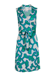 Current Boutique-Diane von Furstenberg - White & Green Printed Silk Wrap Dress Sz 8