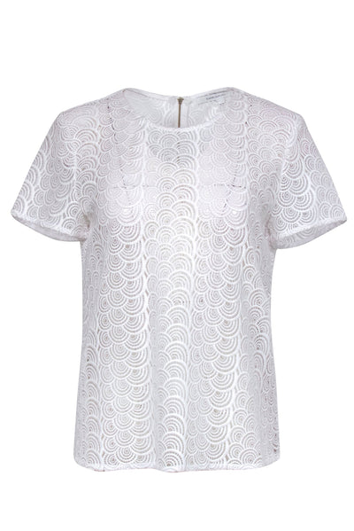 Current Boutique-Diane von Furstenberg - White Sheer Swirly Embroidered Short Sleeve Top Sz 6