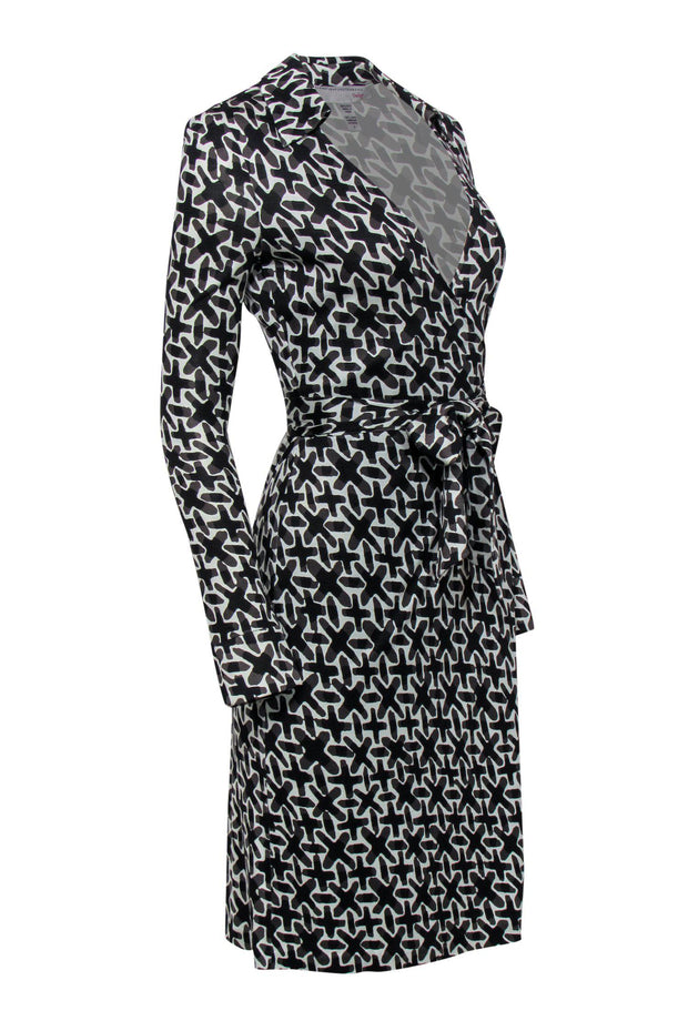 Current Boutique-Diane von Furstenberg - White w/ Black & Grey Cross Pattern Silk Wrap Dress Sz 4