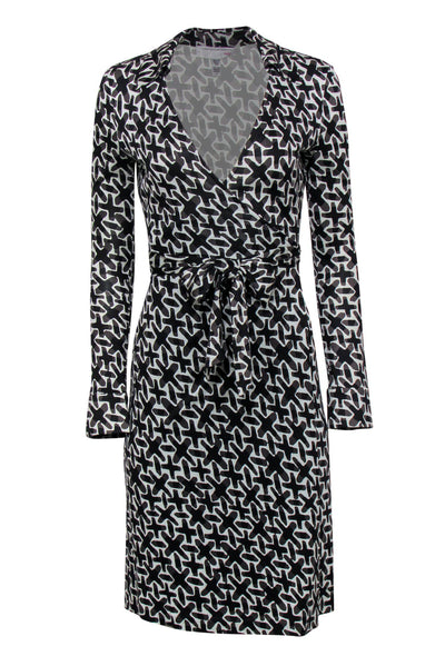 Current Boutique-Diane von Furstenberg - White w/ Black & Grey Cross Pattern Silk Wrap Dress Sz 4