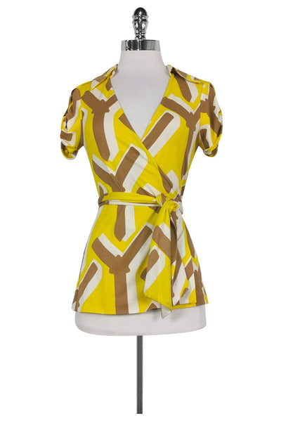 Current Boutique-Diane von Furstenberg - Yellow Printed Wrap Top Sz 2