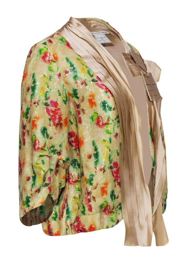 Current Boutique-Diane von Furstenberg - Yellow Sequin Floral Print Open Front Jacket w/ Pleated Lapels Sz 4