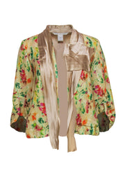 Current Boutique-Diane von Furstenberg - Yellow Sequin Floral Print Open Front Jacket w/ Pleated Lapels Sz 4