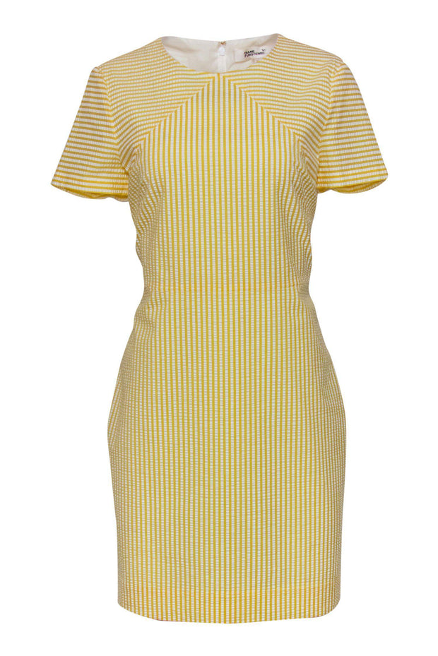 Current Boutique-Diane von Furstenberg - Yellow & White Striped Seersucker Short Sleeve Sheath Dress Sz 10