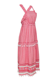 Current Boutique-Dodo Bar Or - Red & White Printed Ruffle "Joseff" Maxi Dress w/ Fringe Trim Sz S