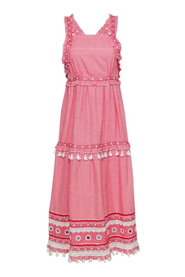 Current Boutique-Dodo Bar Or - Red & White Printed Ruffle "Joseff" Maxi Dress w/ Fringe Trim Sz S