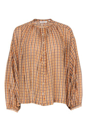 Current Boutique-Doen - Orange & Brown Cotton Plaid Prairie Blouse Sz XS