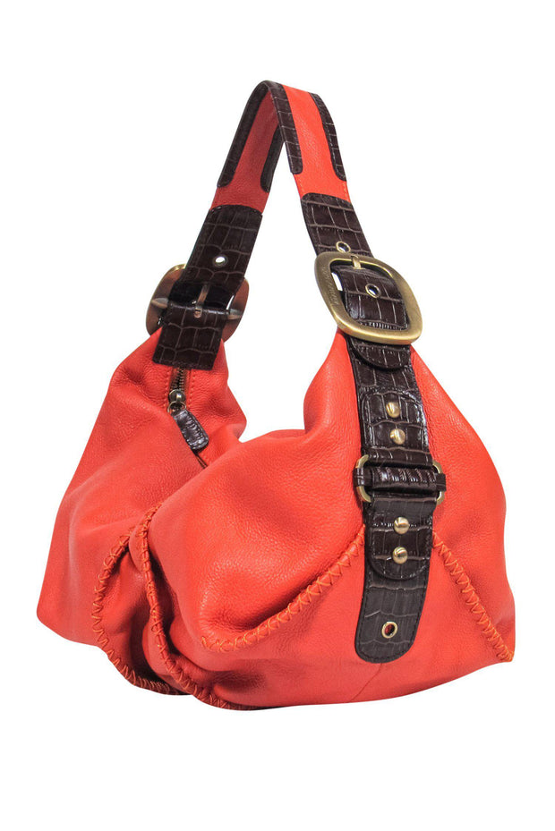 Current Boutique-Dolce & Gabbana - Orange Textured Leather Shoulder Bag w/ Reptile Embossed Trim