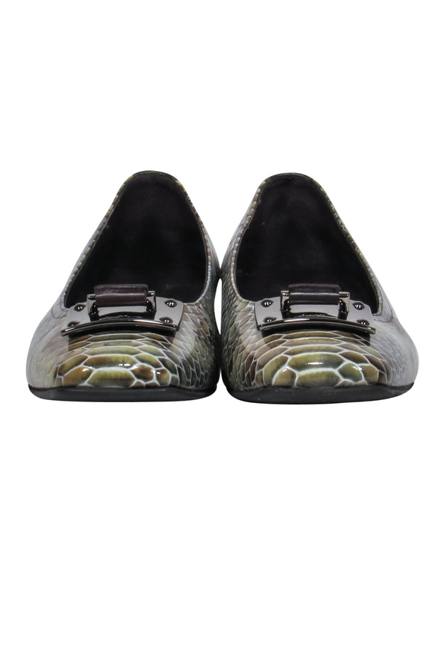 Current Boutique-Donald J Pliner - Green & Brown Patent Leather Snakeskin Print Flats Sz 7.5