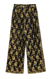 Current Boutique-Doncaster - Black & Gold Floral Lace Wide Leg Trousers Sz 8