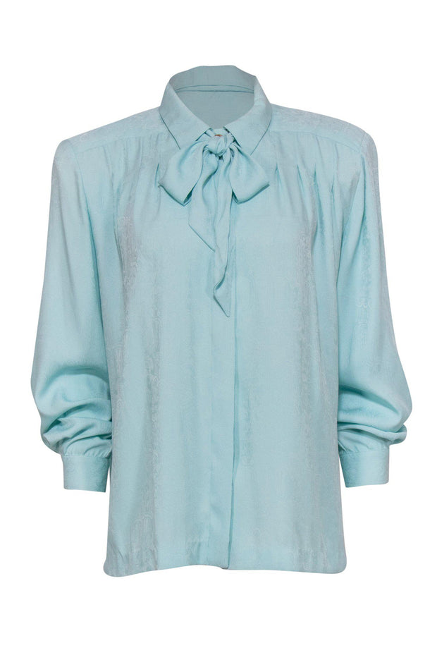 Current Boutique-Doncaster - Blue Brocade Textured Button-Up Blouse w/ Neck Tie Sz 12