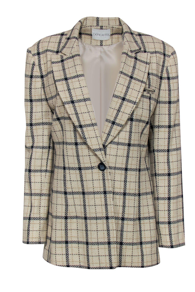 Current Boutique-Doncaster - Cream & Navy Plaid Buttoned Longline Blazer Sz 12